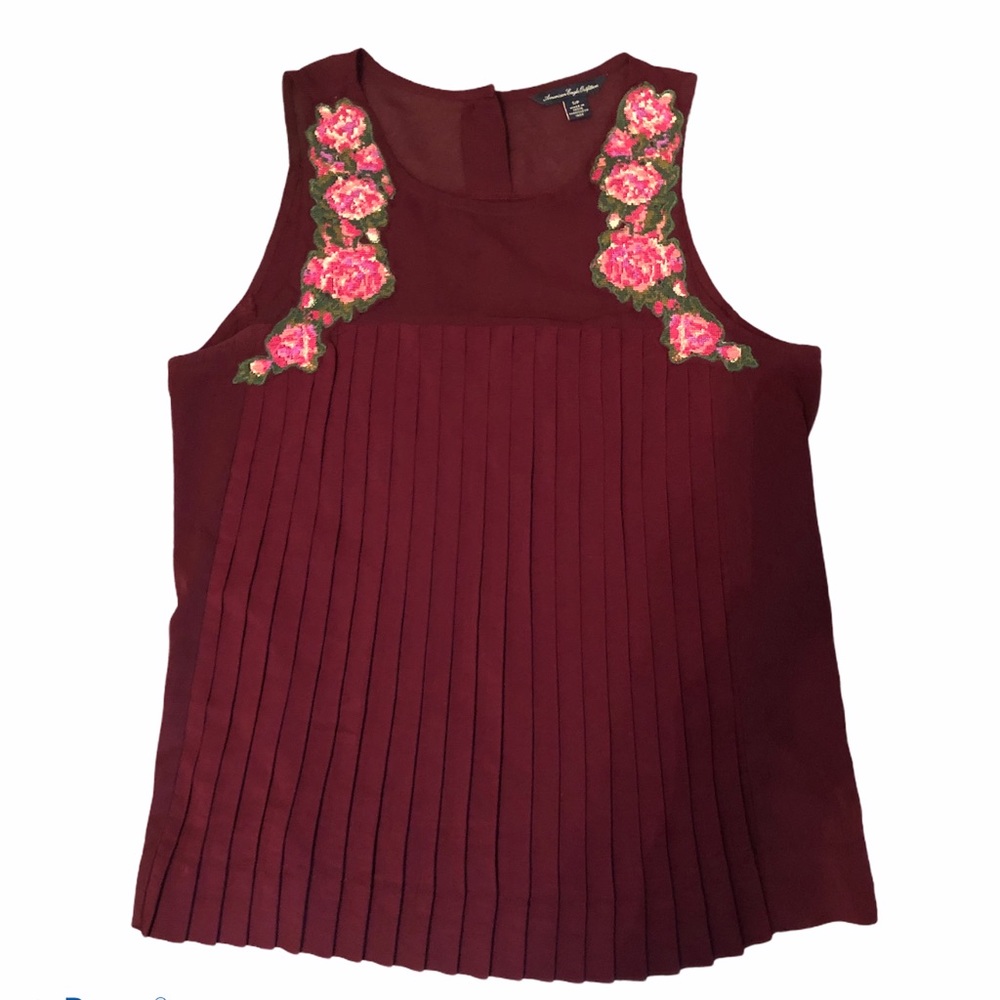 AEO Burgundy Embroider Pleated Top